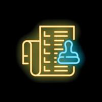 Neon icon of stamp approving document for agreement or contract vector