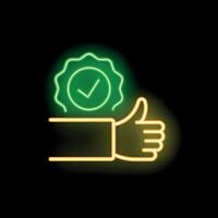 Neon thumb up giving positive feedback with quality check mark vector
