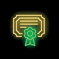 Neon sign of a diploma with green ribbon and seal glowing on a dark wall vector