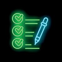 Neon green checklist with check marks being filled out by blue pen on black background vector