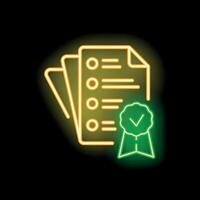 Neon quality control approval with documents and check mark icon vector