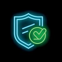 Neon blue shield with green check mark showing security concept vector