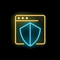 Neon shield protecting webpage on black background vector