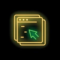 Neon icon of computer windows showing internet browsing with mouse cursor clicking vector