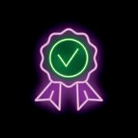 Neon approved quality checkmark sign with ribbon on a black background vector