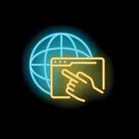 Neon sign of hand pointing at website with globe in background vector