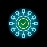 Neon green approved quality check mark sign surrounded by data blocks on black background vector