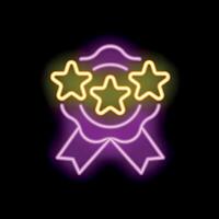 Neon sign showing three stars quality symbol with ribbon on brick wall background vector