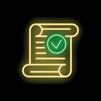 Neon green check mark on document icon glowing on black background vector