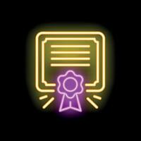 Neon sign representing a diploma with a seal and a ribbon on a black background vector