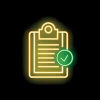 Neon green check mark on clipboard representing completed task on black background vector