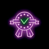 Neon sign showing a round approved quality check mark badge with ribbon and banner vector