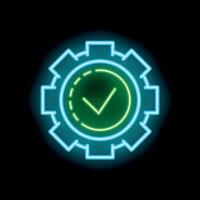 Neon green check mark inside blue gear on black background vector