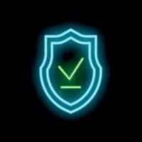 Neon shield with check mark symbolizing security and protection vector