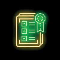 Neon icon of documents with check marks and green seal representing successful completion vector