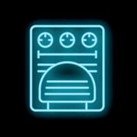 Glowing neon line icon of a washing machine with a round window on a black background vector