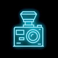 Neon sign representing photo camera with flashlight emitting light on black background vector