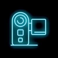 Glowing neon icon of a modern digital camera on a black background vector