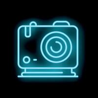 Blue neon sign of a photo camera on a black background vector