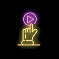 Neon icon of hand pressing play button on black background vector