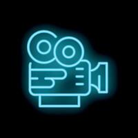 Neon icon of movie camera shining on black background vector