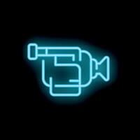 Neon blue camera icon glowing on black background vector