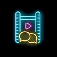 Neon icon of smartphone showing playing and two chat bubbles, social media concept vector