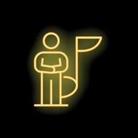 Businessman standing with arms crossed next to a flag representing success in neon light style vector