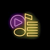 Neon music player symbol with play button and note glowing on black background vector