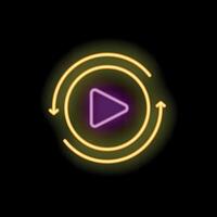 Neon replay button icon circled by two arrows on black background vector