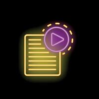 Neon play button hovering over document icon on dark background vector