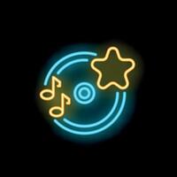 Neon sign representing vinyl record with musical notes and star shining on black background vector