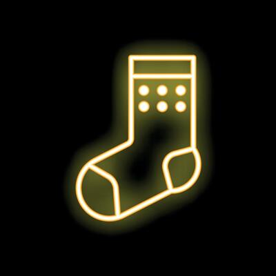 Neon yellow christmas stocking icon glowing on black background