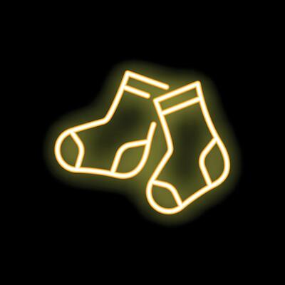 Neon sign showing a pair of socks glowing on black background