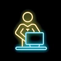 It specialist standing and working with desktop computer neon sign icon vector