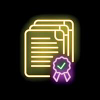 Neon icon of documents with approved quality guarantee certificate vector