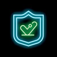 Neon shield showing validated check mark symbol on black background vector