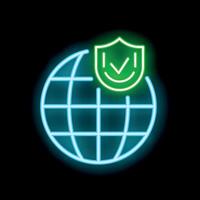 Neon icon of global security showing a check mark over a globe vector