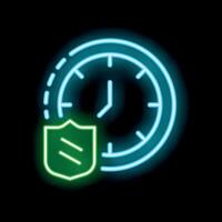 Neon clock icon with shield protecting time flow vector