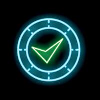 Neon sign showing a clock face with a check mark symbolizing punctuality and time management vector