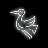 Neon stork flying with spread wings on black background vector