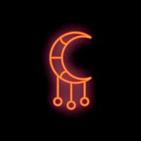 Neon crescent moon hanging with three circles glowing red and orange vector
