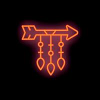 Neon sign of an arrow piercing three hanging leaves on black background vector