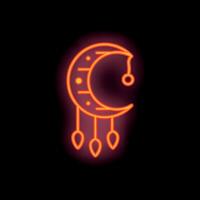 Neon dreamcatcher glowing with crescent moon and feathers design vector