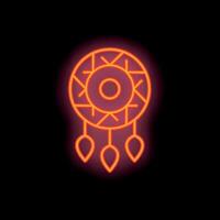 Red neon sign of dreamcatcher with feathers glowing on black background vector