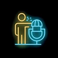 Neon sign of man speaking into microphone on black background vector
