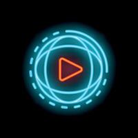 Neon play button icon glowing inside blue sphere shape vector
