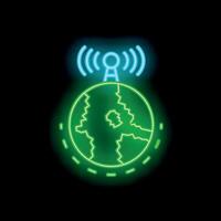 Neon icon of radio waves transmitting from earth representing global communication vector