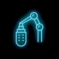 Neon blue studio microphone with adjustable arm on black background vector