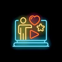 Neon icon of teacher pointing at play button on laptop screen with heart and star icons vector